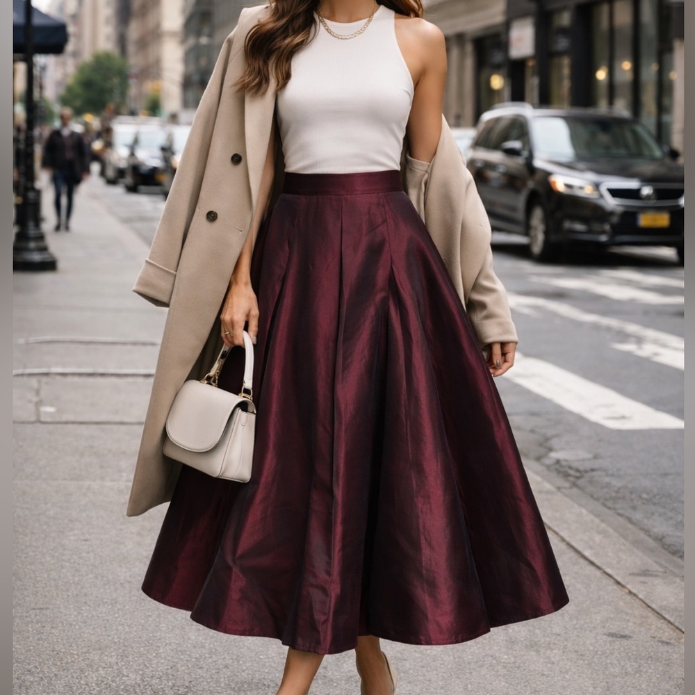Vintage Cache Burgundy Taffeta Midi Skirt